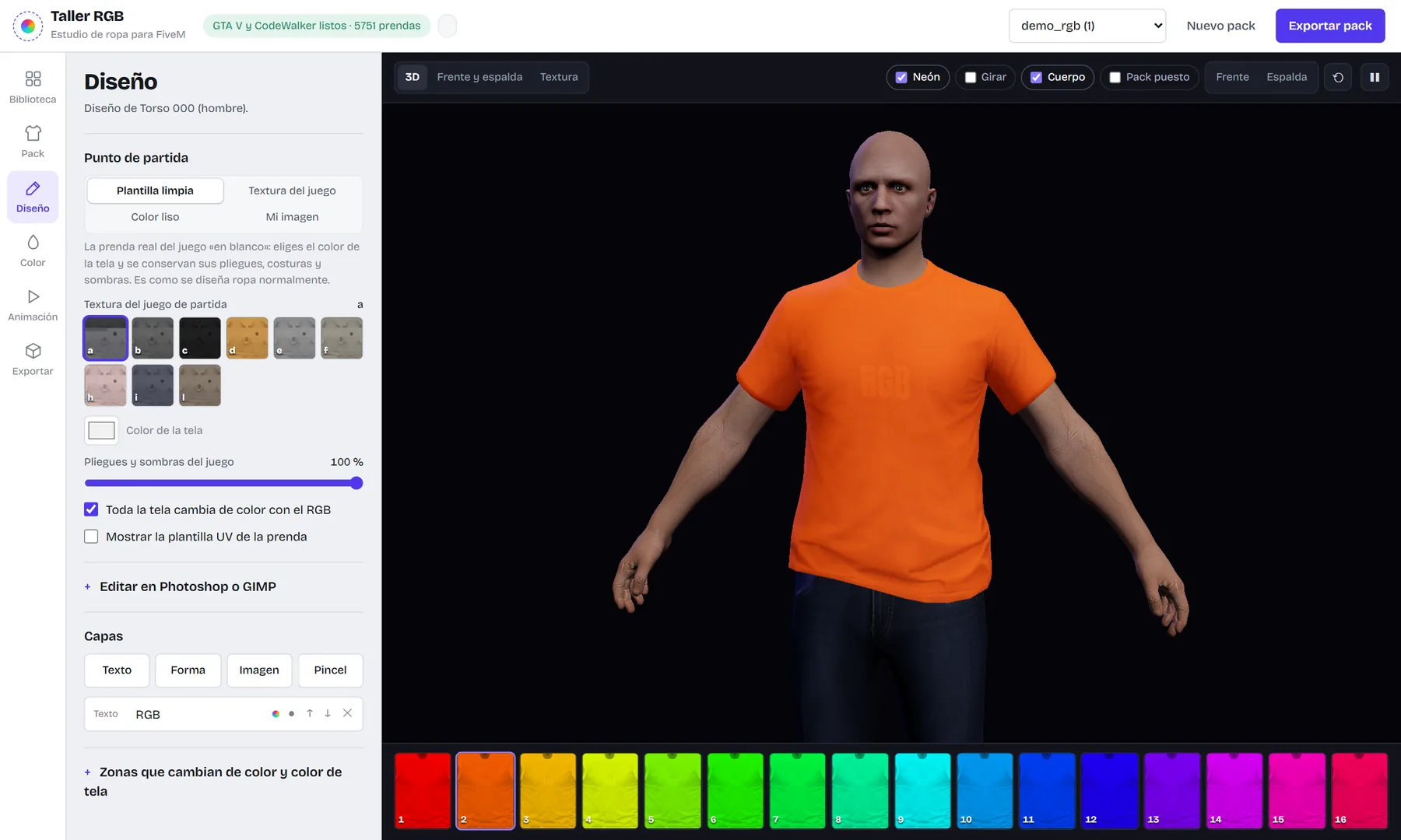 Taller RGB con una camiseta RGB en un personaje en 3D, el panel de diseño y los 16 fotogramas de color