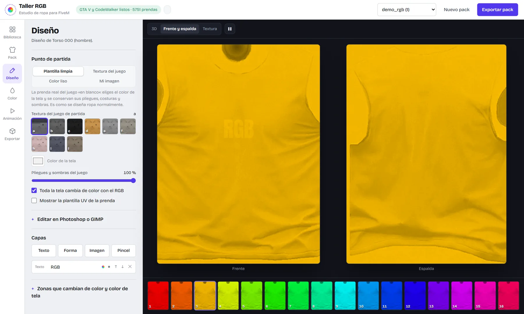 Editor de diseño con el frente y la espalda de la camiseta uno al lado del otro
